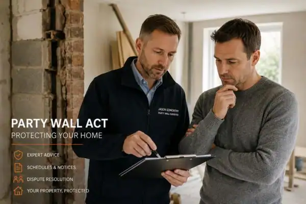 Party wall surveyor Christchurch discussing extension plans with homeowner outside a UK semi-detached house.